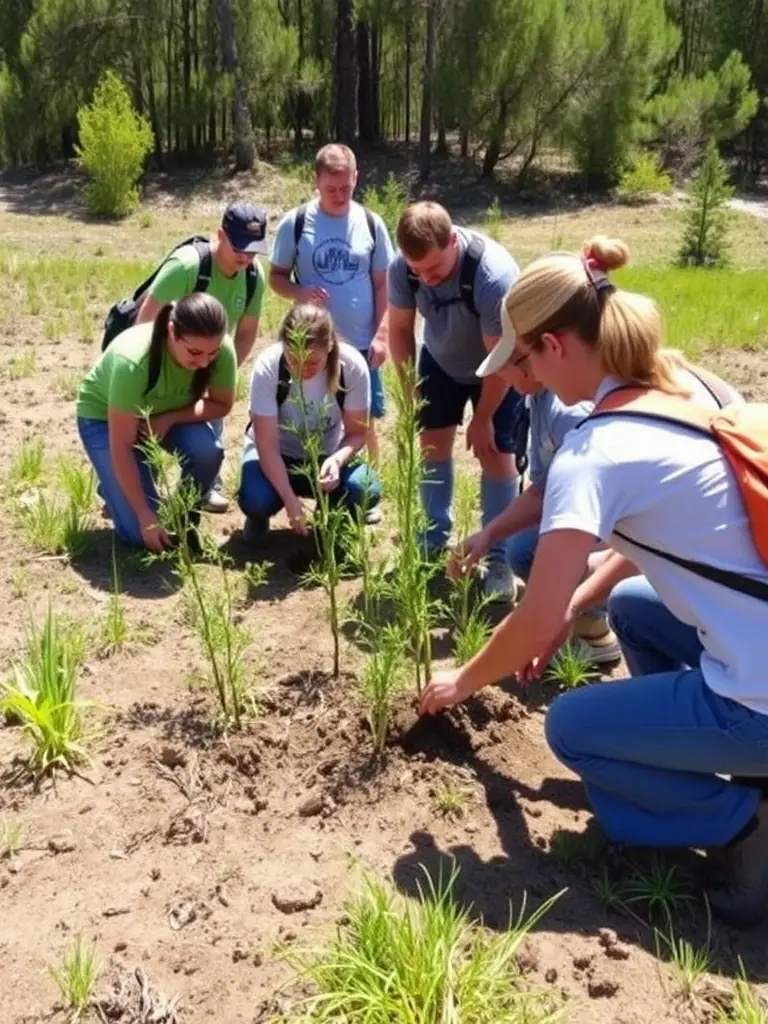A photograph depicting volunteers planting native trees as part of a habitat restoration project, showcasing the organization's commitment to environmental conservation.