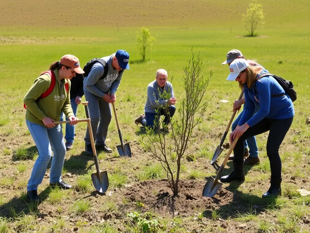 A group of volunteers planting trees in a deforested area, symbolizing habitat restoration efforts by SOCIETE AMICALE DES CHASSEURS D'ASNIERES-SUR-NOUERE.