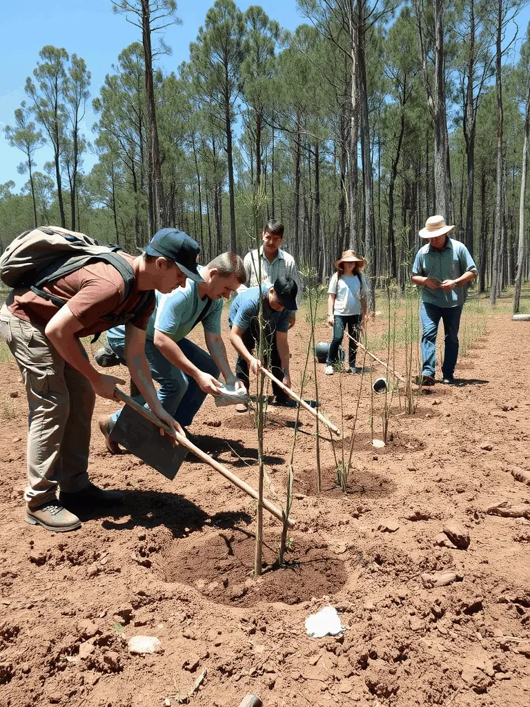 A photograph depicting volunteers planting trees as part of a habitat restoration project organized by SOCIETE AMICALE DES CHASSEURS D'ASNIERES-SUR-NOUERE, showcasing their commitment to environmental conservation.
