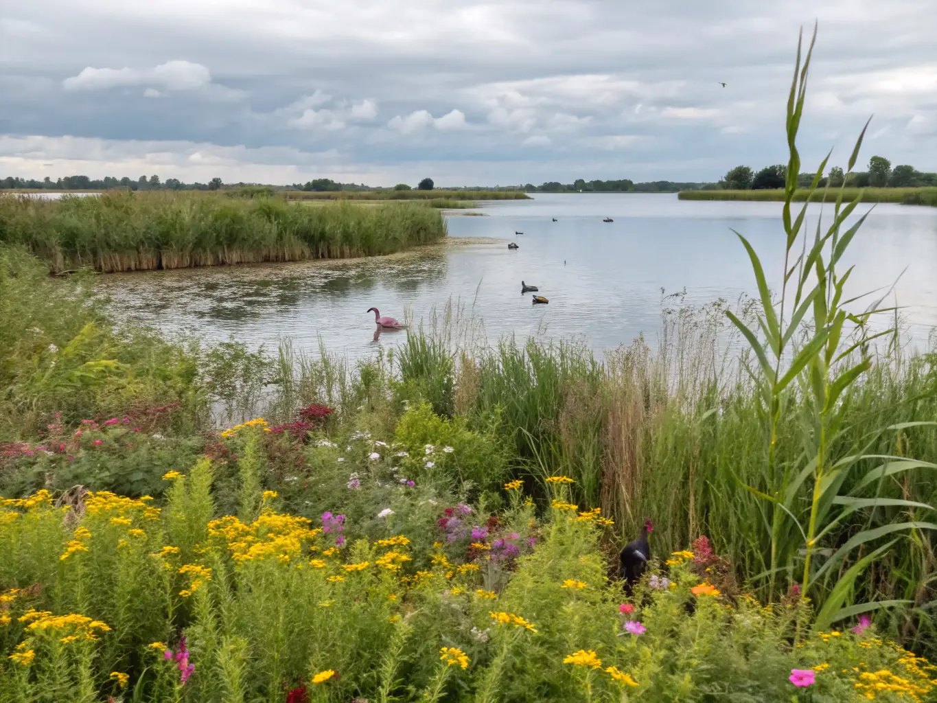 A scenic view of a restored wetland area, showcasing the positive impact of habitat restoration projects on local biodiversity.