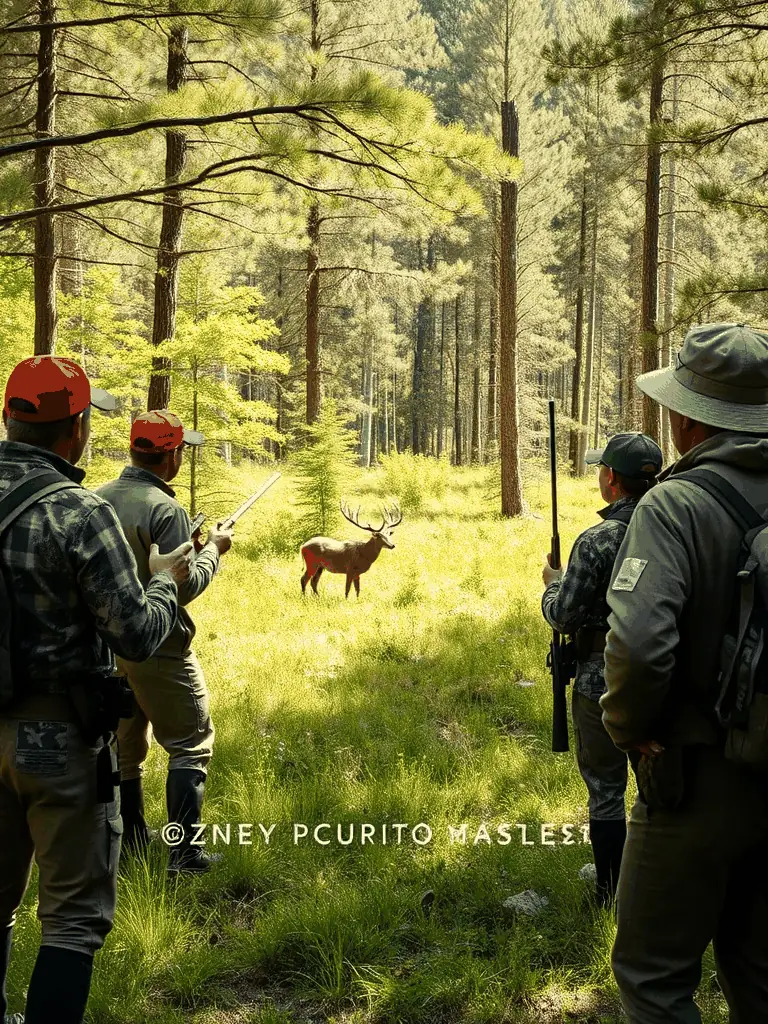 A photograph capturing a group of hunters participating in a controlled hunt organized by SOCIETE AMICALE DES CHASSEURS D'ASNIERES-SUR-NOUERE, demonstrating their commitment to sustainable hunting practices.