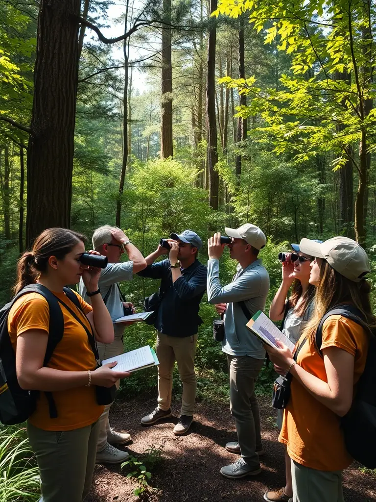 A photograph showing members of SOCIETE AMICALE DES CHASSEURS D'ASNIERES-SUR-NOUERE conducting a wildlife population survey in a local forest, emphasizing their dedication to wildlife monitoring and conservation.