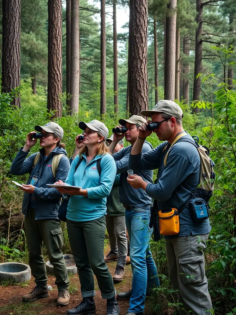 A photograph showing members of the organization conducting a wildlife population survey in a local forest, emphasizing the importance of data collection for effective management.