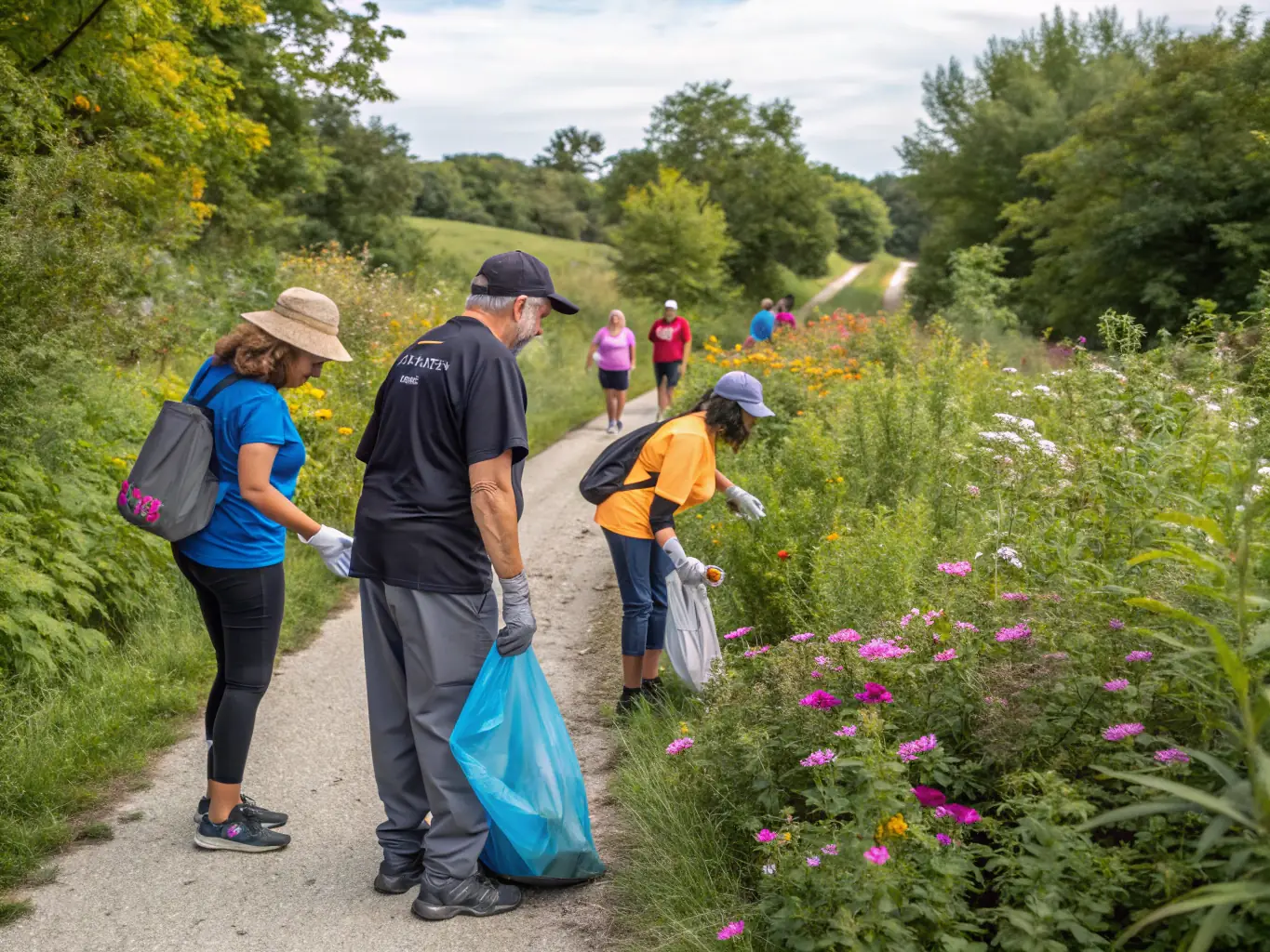 A group of community members participating in a clean-up drive in a local forest, organized by SOCIETE AMICALE DES CHASSEURS D'ASNIERES-SUR-NOUERE.