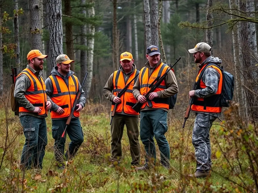 A group of hunters participating in a controlled hunt, emphasizing responsible hunting practices and wildlife management.
